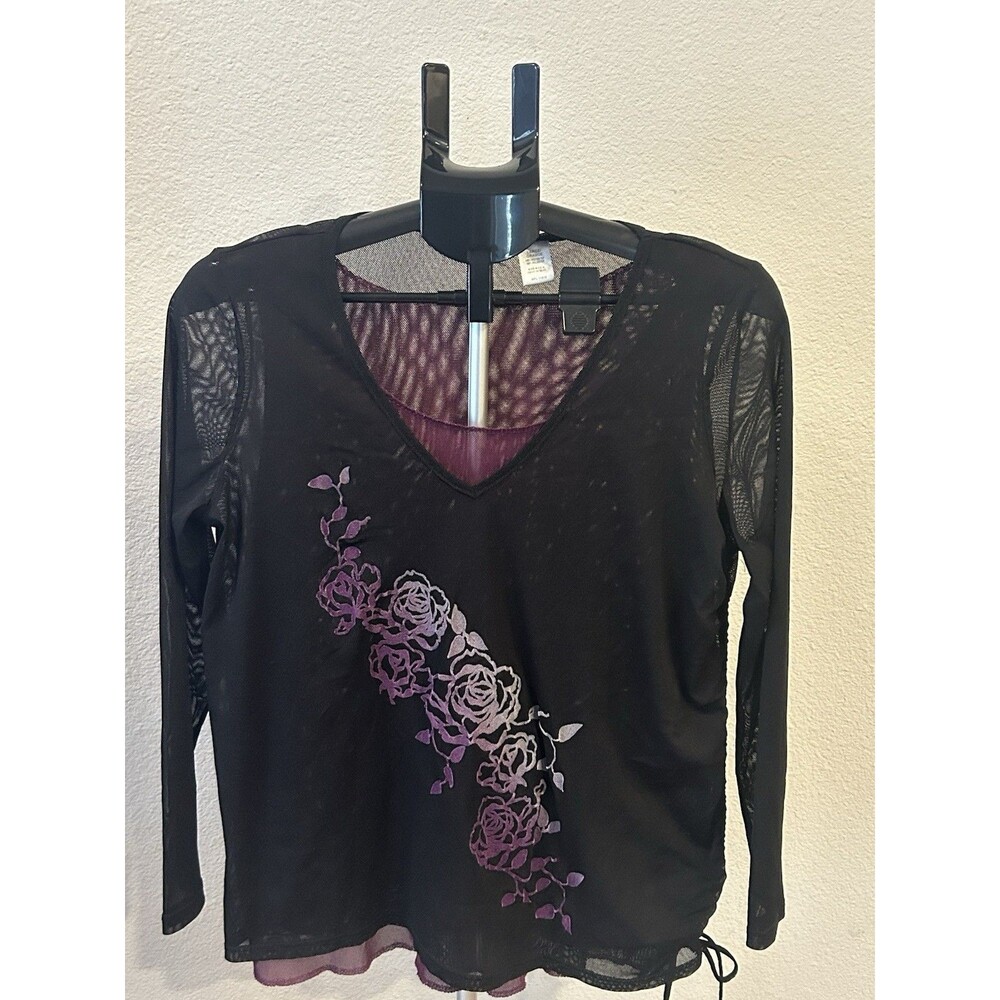 VTG JCPenney Mesh Top Blouse Womens Large Black Purple Rose Whimsigoth Y2K